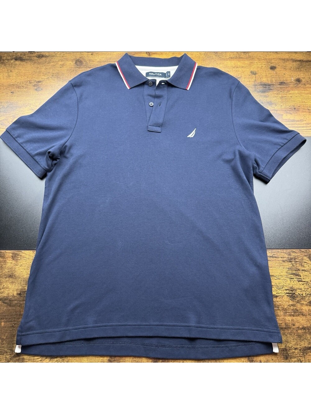 Nautica Men’s Polo Shirt Navy Blue Red White Trim 100% Cotton Size Medium